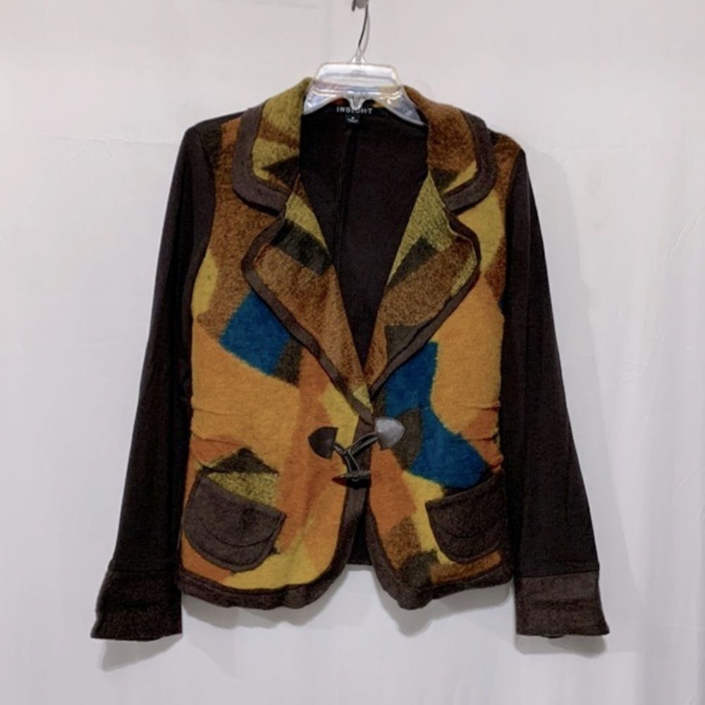 INSIGHT blazer multi-color wool/felt brown knit jacket w pockets, toggle closure
